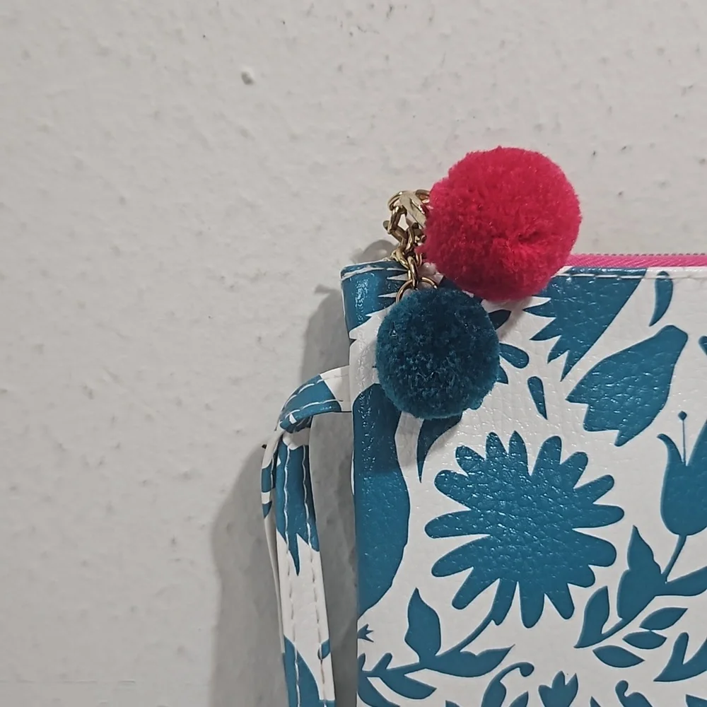hola beaches gold glitter lettering over birds & floral print large wristlet